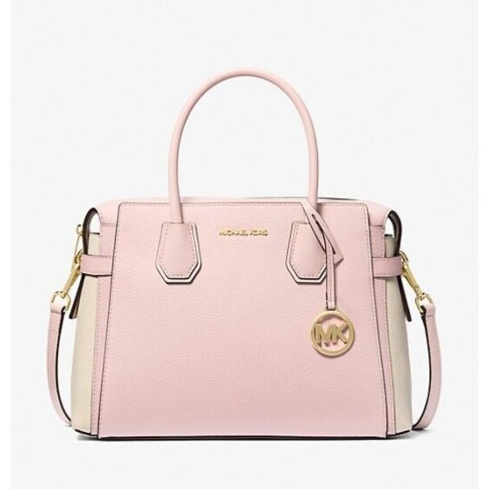 Michael Kors Medium Satchel Bag Belted Pink Blush Pebbled Leather NEW